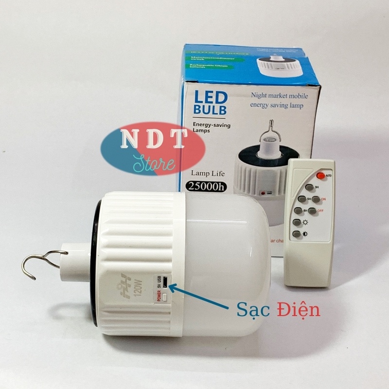 Bóng Đèn Led 120W Tích Điện Và Sạc Năng Lượng Mặt Trời Có Điều Khiển Từ Xa  Kèm Theo Củ Sạc