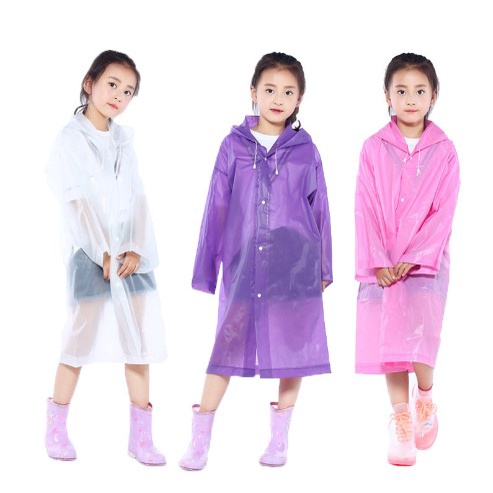 Áo Mưa Trẻ Em Thời Trang, Áo Mưa Trong Suốt Có Mũ Trùm Đầu Phối Nút Và Dây Rút Chống Nước Màu Trơn Cho Bé