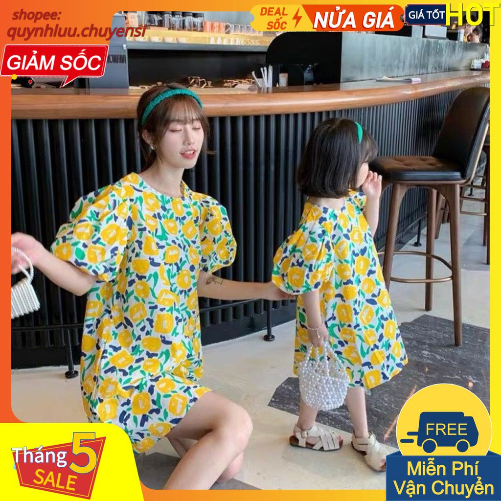 MB15 - VÁY XANH HOA VÀNG SUÔNG CHO MẸ BÉ