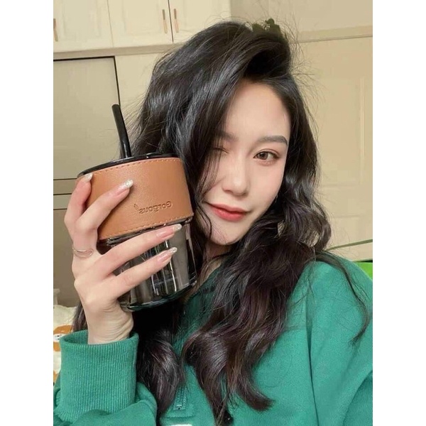 Cốc thuỷ tinh vỏ da có nắp và ống hút ,ly uống nước 450ml siêu xinh sang chảnh  luôn nè mấy má ơi!