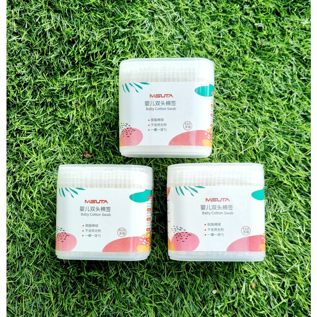 Tăm bông cho bé sơ sinh, bông tự nhiên, hộp 400 que Misuta