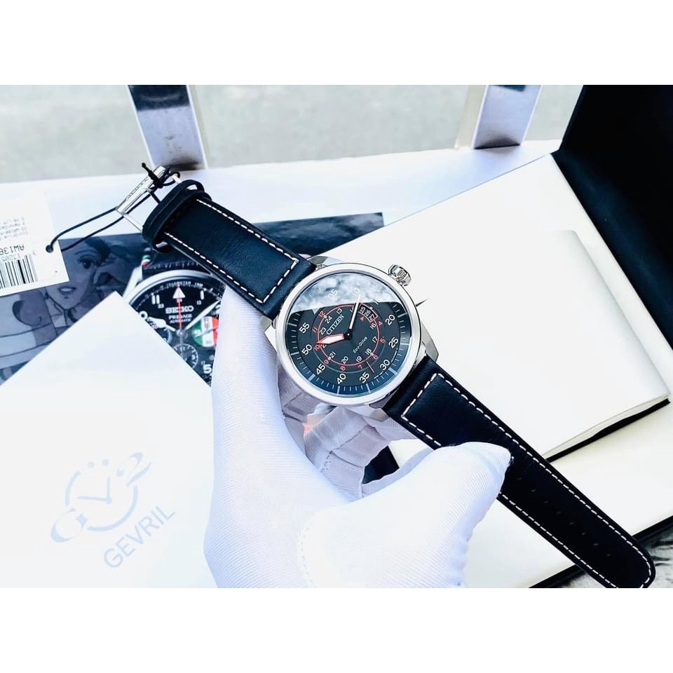 Đồng hồ nam Citizen AW1361-01E dây da đen, mặt đen - Eco Drive