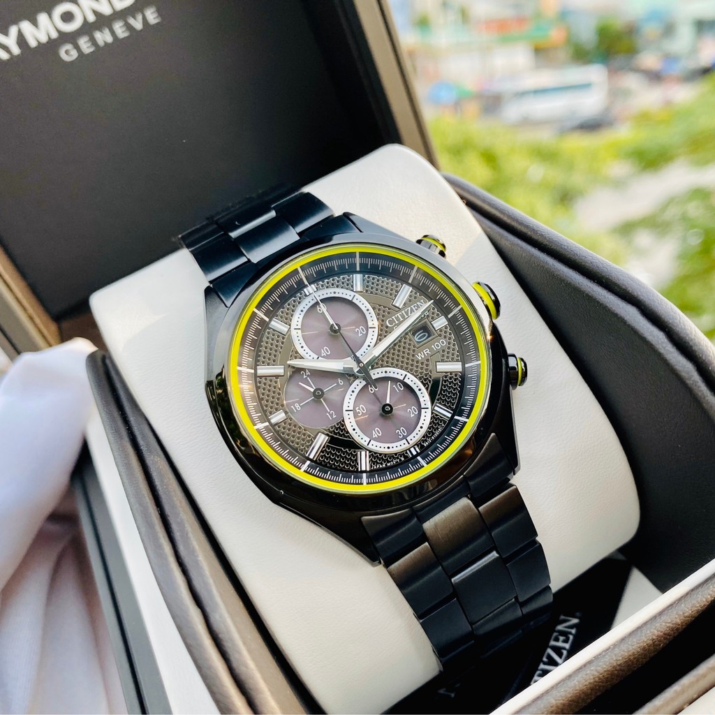Đồng hồ Nam Citizen Chronograph Eco Drive CA0435-51E-Mặt đen,Viền xanh-Năng lượng ánh sáng-Dây kim loại-Size 40mm
