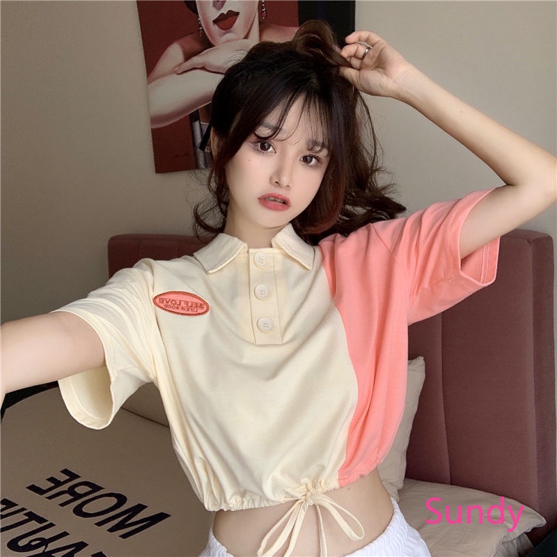 Áo Sơ Mi Cổ Polo Phối Dây Rút Màu Sắc Trẻ Trung Thời Trang Mùa Hè