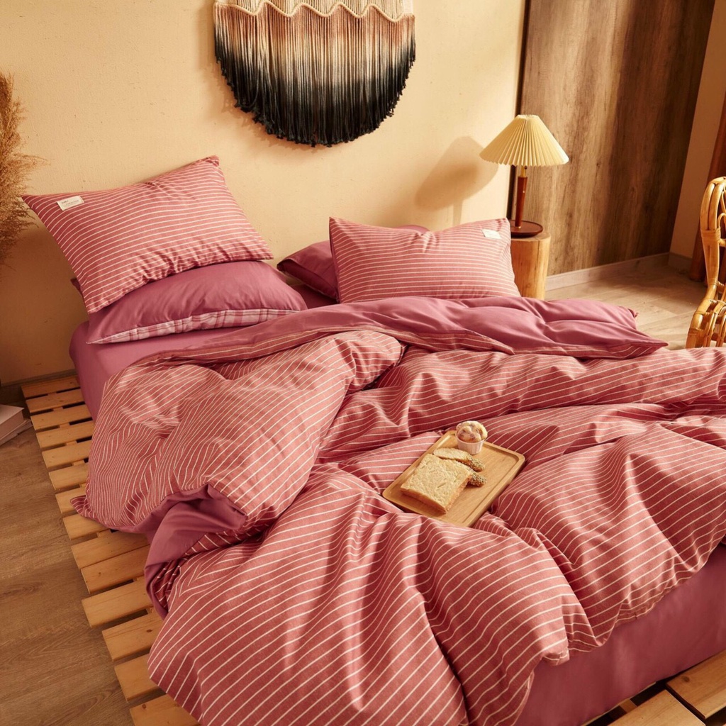Bộ chăn ga gối cotton tici kẻ VIE HOME bedding, họa tiết kẻ dễ thương