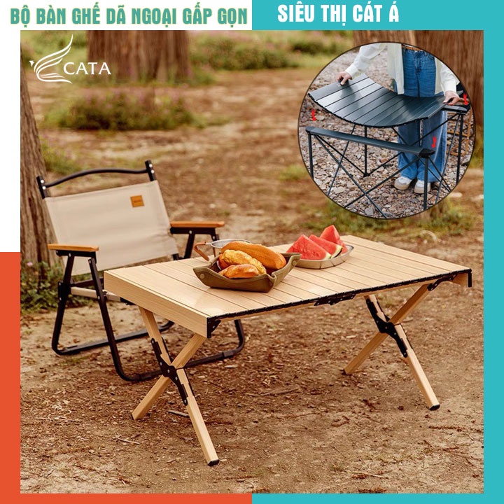Bàn ghế dã ngoại gấp gọn hợp kim nhôm vân gỗ cao cấp chính hãng Cát Á, chắc chắn, độ bền cao