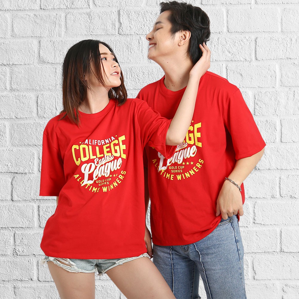 Áo thun tay lỡ phong cách unisex cổ tròn cho nam nữ in chữ COLLEGE đẹp T4