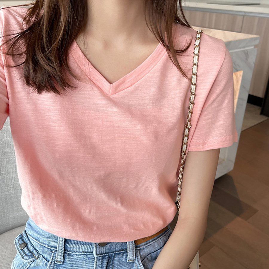Áo thun xược cotton nữ cổ tim, cổ V