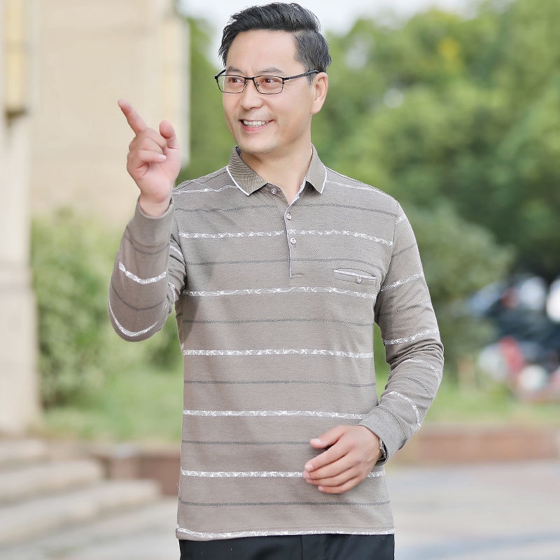 Áo Thun Dài Tay Họa Tiết Kẻ Sọc Thời Trang Mùa Thu Cho Đàn Ông Trung Niên 8PBK