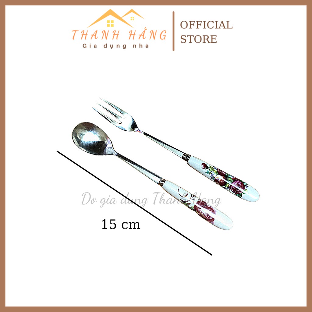 Thìa dĩa inox bọc sứ hoa sang trọng freeship thìa uống trà ăn bánh nĩa ăn hoa quả đẹp mini