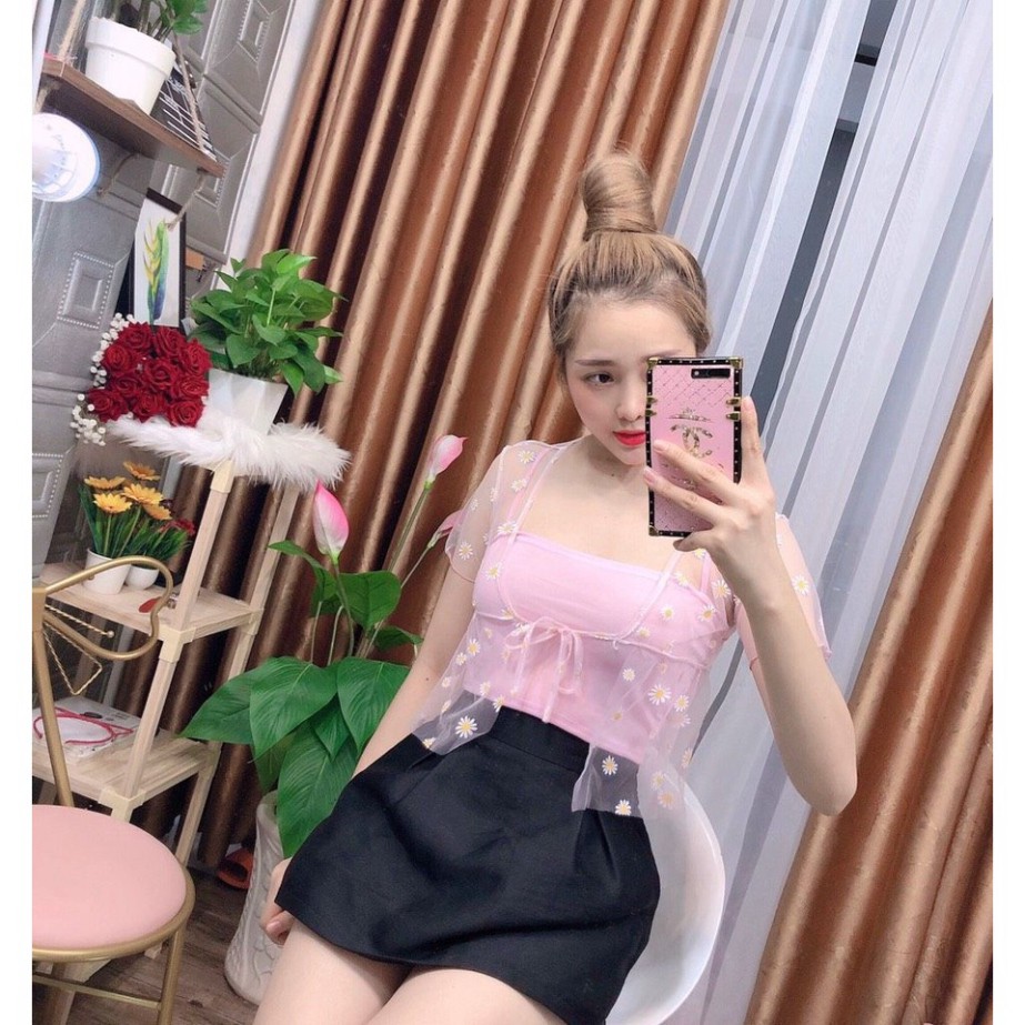 Áo Lưới Croptop Hoa Cúc Chất Liệu Cotton Mềm Mịn Đẹp Không Xù Form Dáng Khỏe Khoắn
