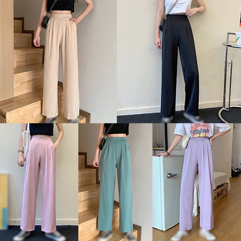 Quần ống rộng Lưng Cao Màu Sắc Đơn Giản Thời Trang Cho Nữ
