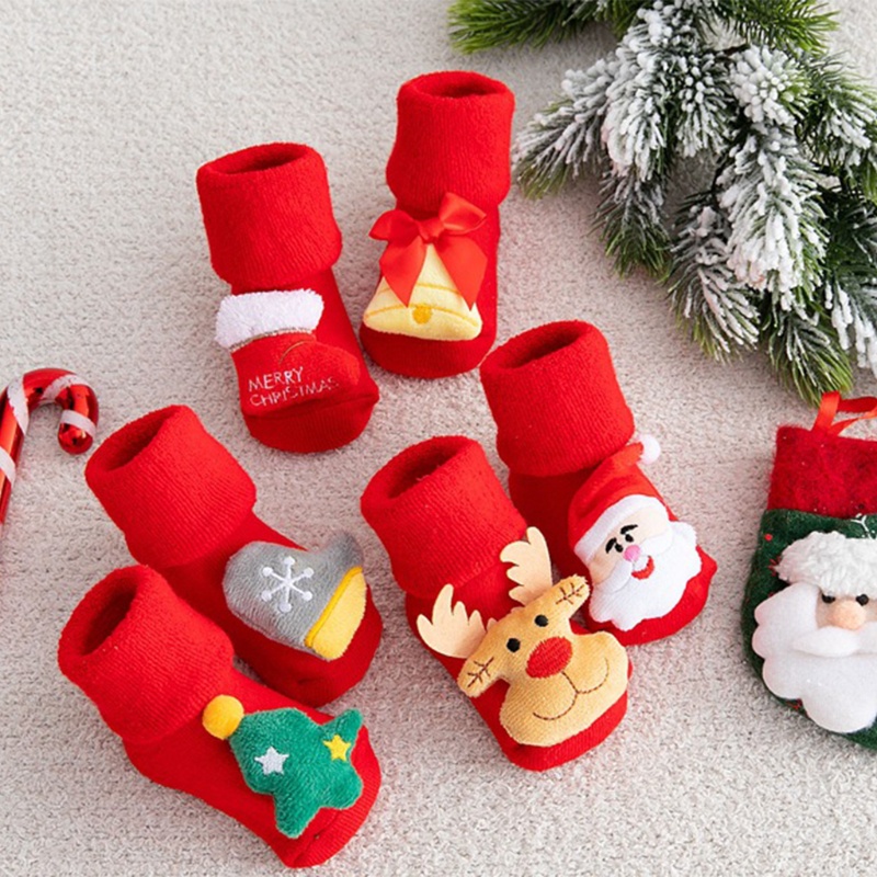Vớ Ngắn Chống Trượt In Họa Tiết Giáng Sinh 3D Dễ Thương Giữ Ấm Mùa Đông Cho Bé Sơ Sinh