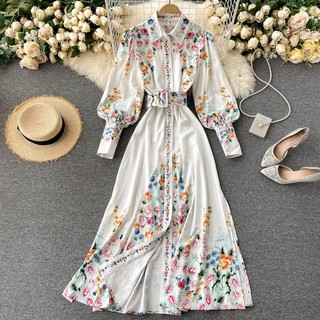 Đầm maxi cổ sơmi thắt đai đính nút