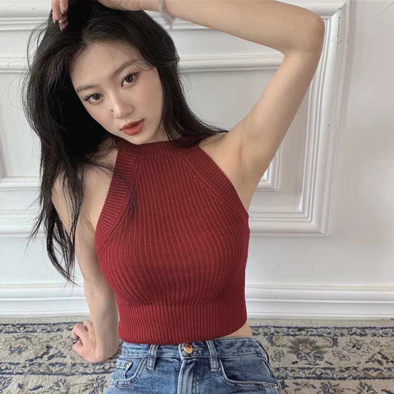 Áo Croptop Dệt Kim Không Tay Màu Sắc Đơn Giản Cho Nữ