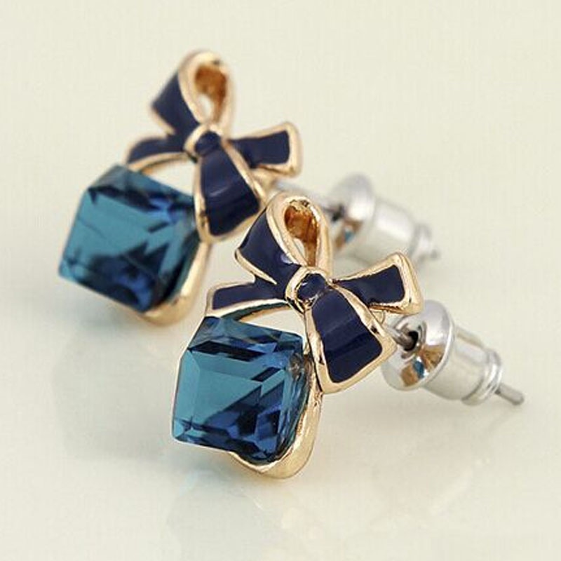 1 Cặp Bông Tai Nơ Đính Đá Pha Lê Xanh Thanh Lịch