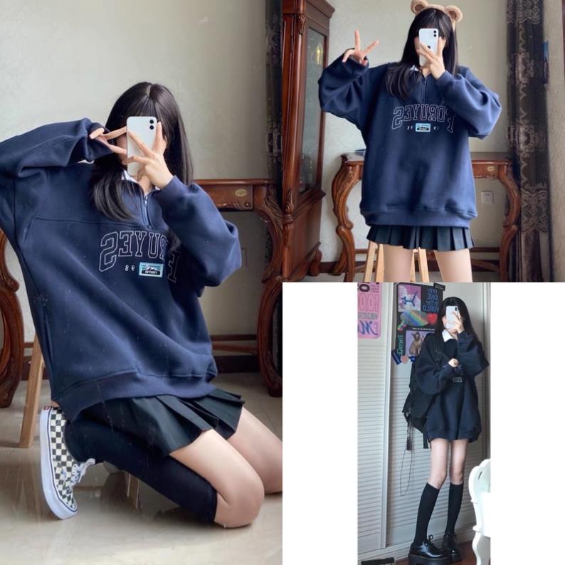 Áo Hoodie nữ thêu chữ tay bồng Màu xanh dương - Áo thun dài tay [Ảnh thật/Video] phong cách Hàn Quốc
