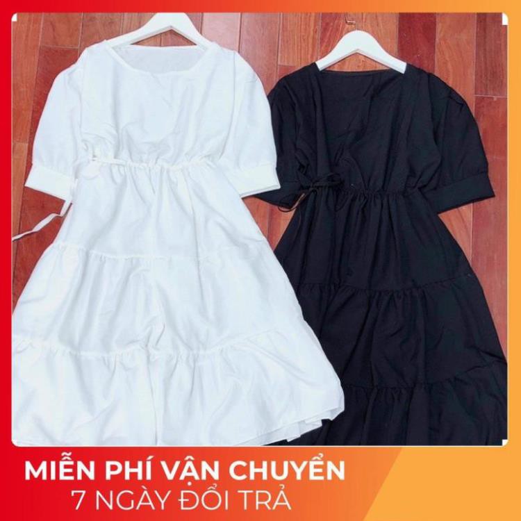 Đầm Nữ Tay Lỡ 3 Tầng Dây Eo, Dáng Lỡ Buộc Eo 2 Màu Q024