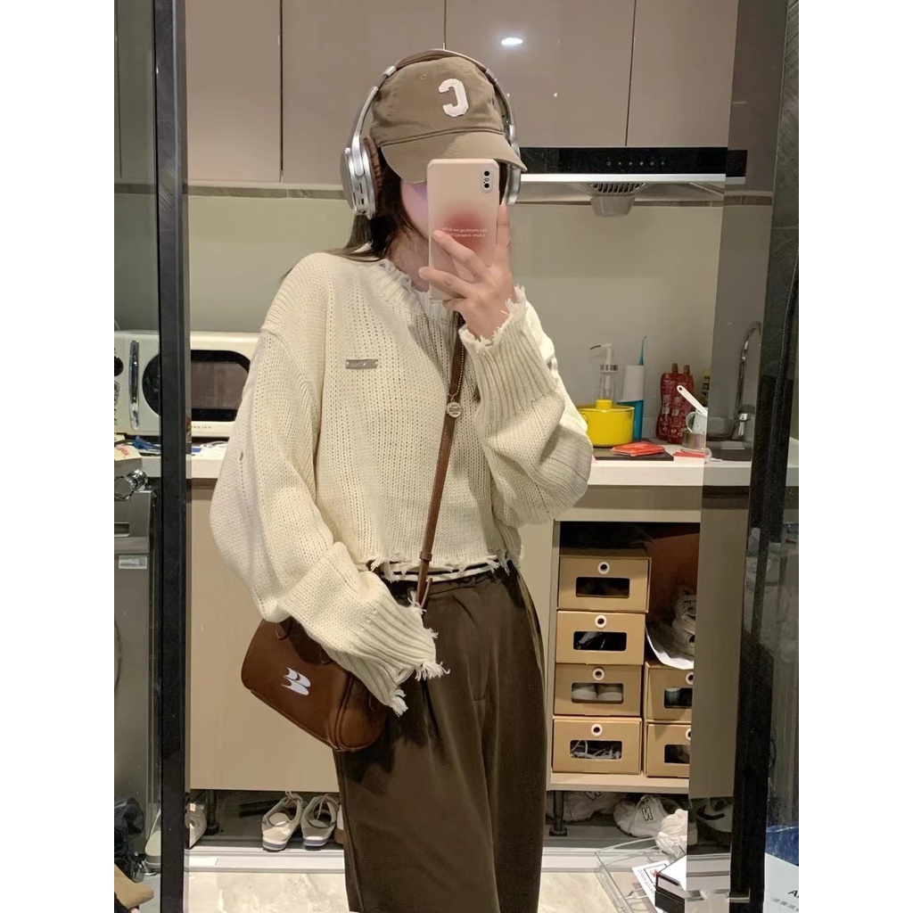 Áo sweater NZN dệt kim tay dài dáng rộng thiết kế rách thời trang cá tính cho nữ