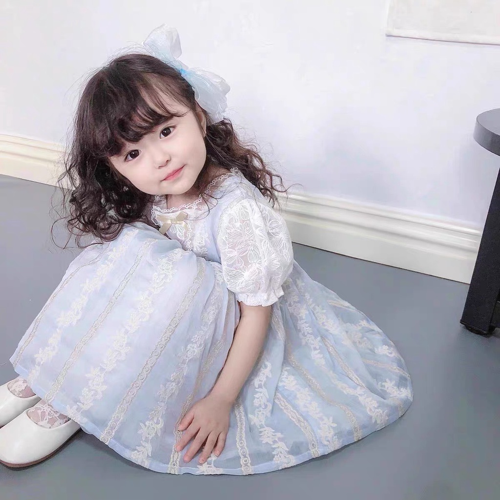 Váy bé gái dáng xòe tay bồng công chúa viền cổ bèo nhún VX10 - BÉ NHÀ THỊ