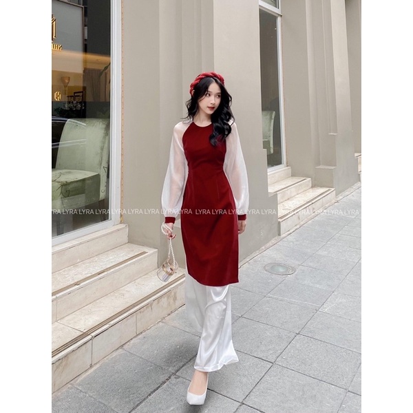 Áo dài đỏ phối tay voan tơ bồng kèm mấn siêu xinh | BigBuy360 - bigbuy360.vn