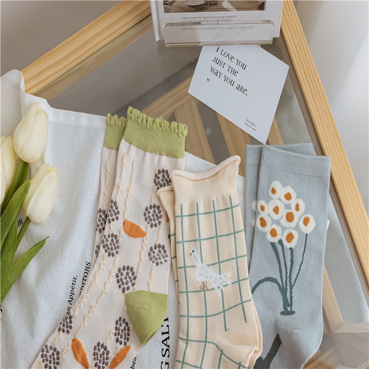 Vớ tất cổ cao ART bông hoa xoăn màu pastel