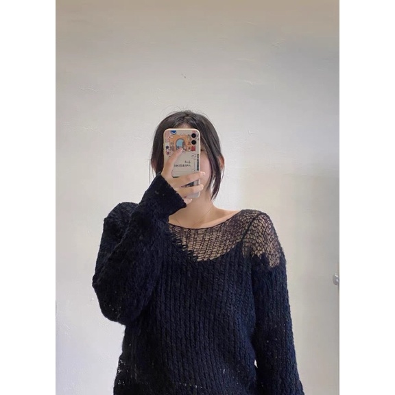 Áo len lưới trễ vai