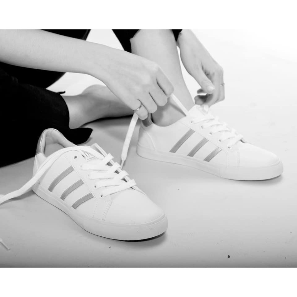 Giày Sneaker Nữ bAimée &amp; bAmor Thể Thao Màu Trắng 3 Soc Bạc Cổ Thấp Đế Bằng Hàn Quốc Đẹp Chính Hãng Cao Cấp MS1566