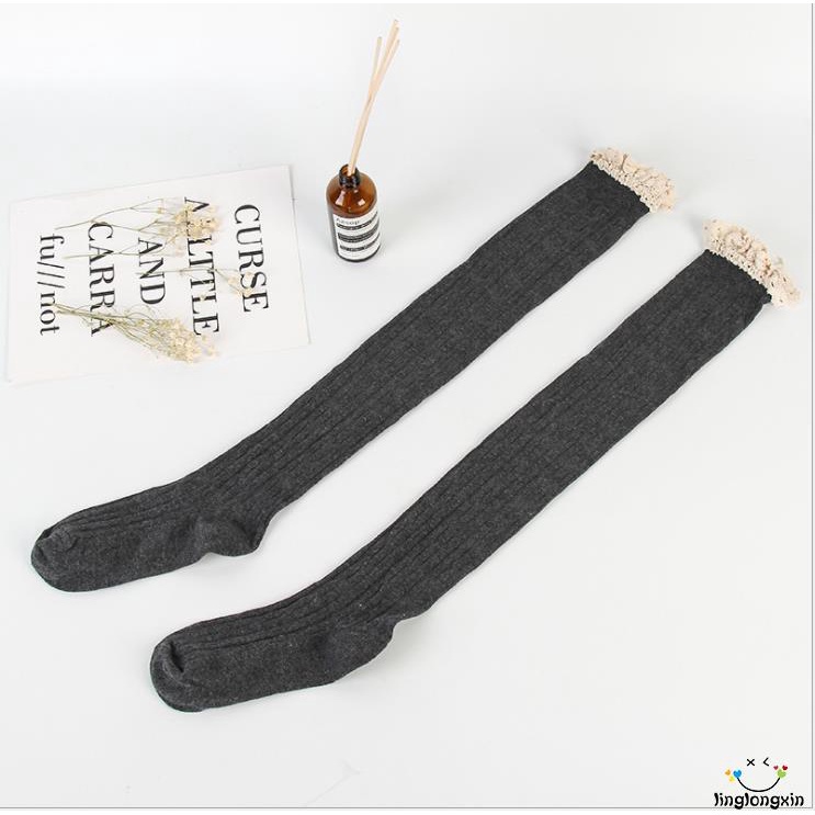 Vớ cotton dài phối ren ấm áp cho nữ
