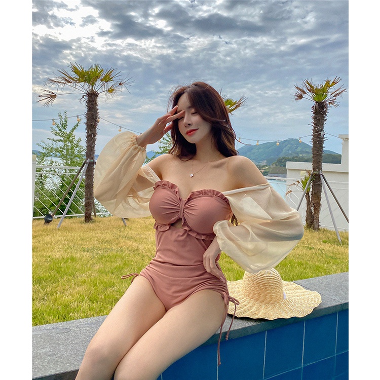 [BIKINI CAO CẤP] Bikini Đồ bơi liền mảnh công chúa tay bồng ren ánh kim màu hồng đất baby, đồ bơi đi biển sang chảnh