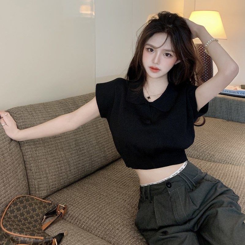 Áo Dệt Kim Tay Ngắn Cổ Bẻ Form Ôm Thời Trang Mùa Hè