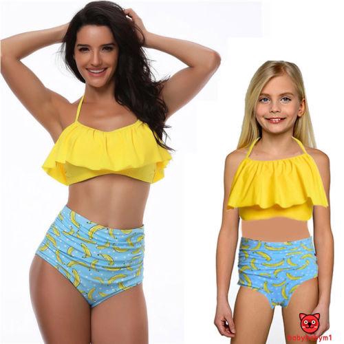 Bikini 2 mảnh áo phối bèo quần lưng in dành cho mẹ và bé gái có nhiều size để lựa chọn