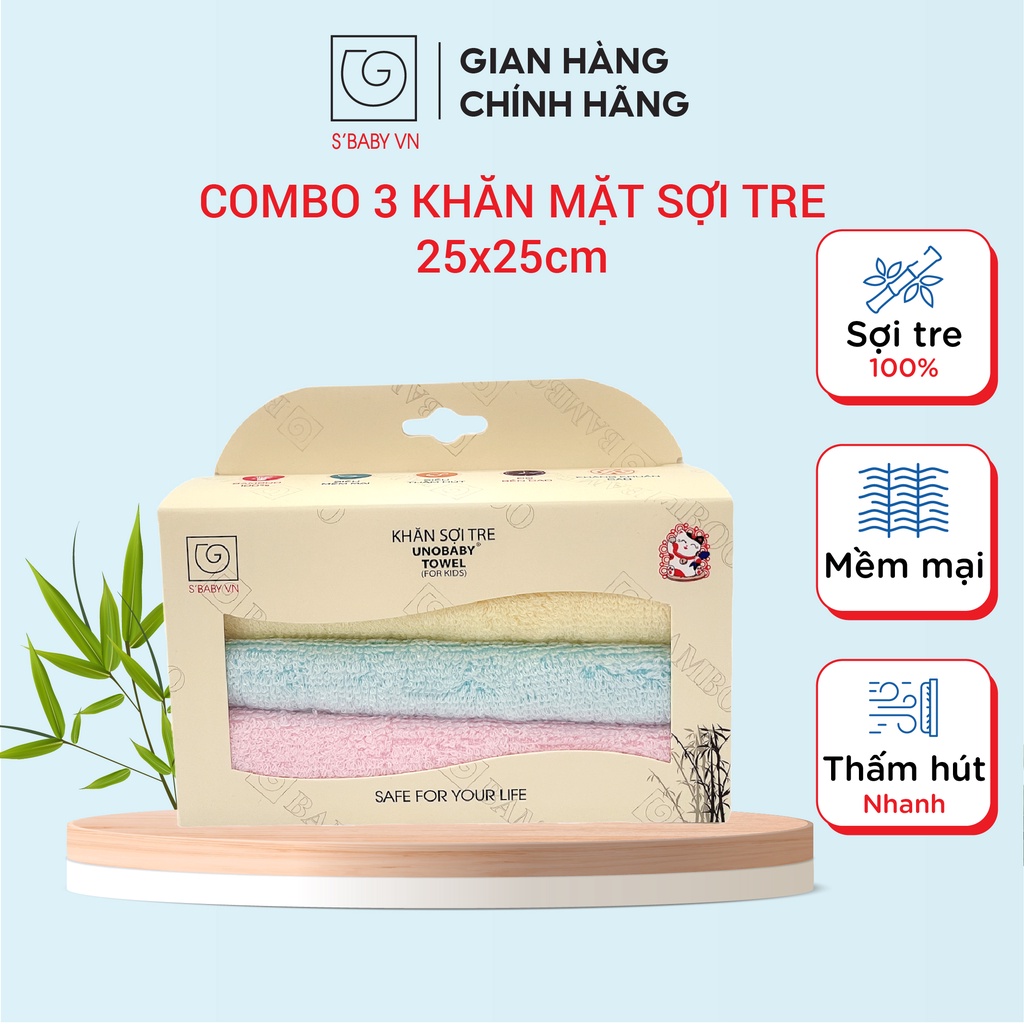 Combo 3 Khăn Mặt Trẻ Em Sợi Tre S'BABY 25x25cm Theo Tiêu Chuẩn Xuất Nhật, An Toàn Cho Da - 8936137960103 (Hộp)