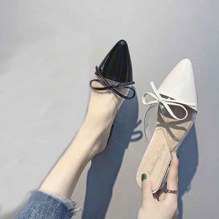 A8 - Giày nữ, giày sục mũi nhọn da bóng thắt lơ mika