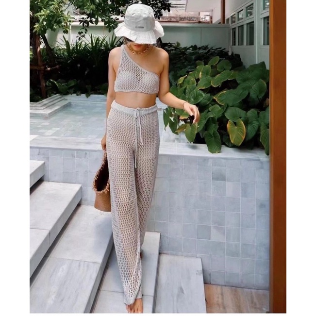 Set ren lưới quần dài áo bra lưới lệch vai mới QC cực hot