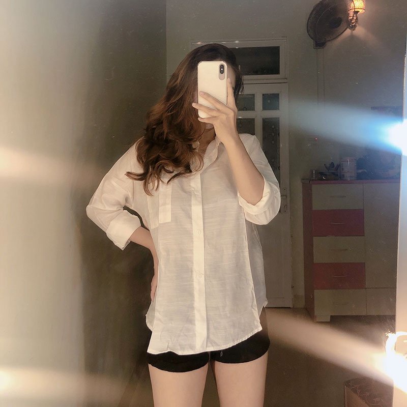 Áo sơ mi trắng nữ form rộng tay dài vải đũi tơ cao cấp Hàn Quốc LADY SM01
