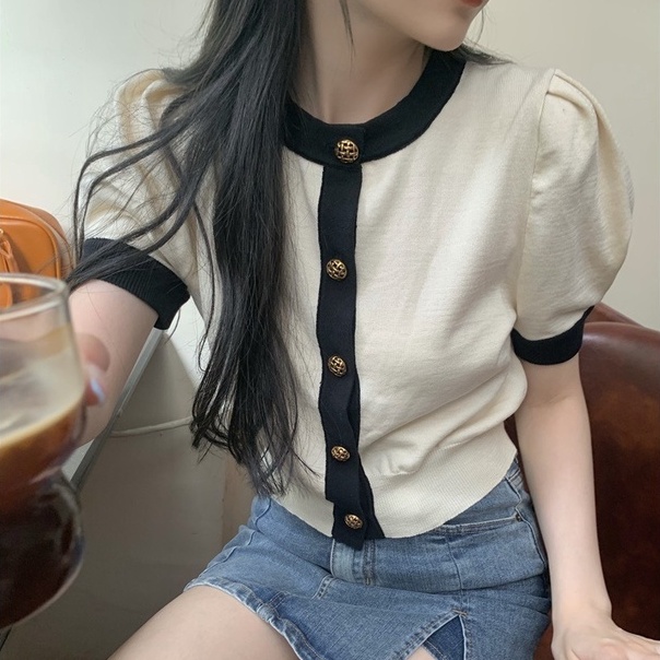 [Hana And Alice] Áo Cardigan Dệt Kim Tay Ngắn Phồng Cổ Chữ V Thời Trang Trẻ Trung