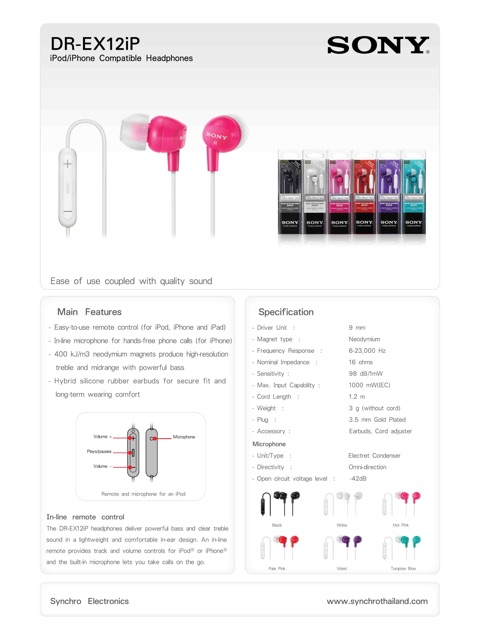 Tai nghe nhét tai SONY DR-EX12iP Headset for Smartphones (jack 3.5mm) - Đạt chuẩn MFi