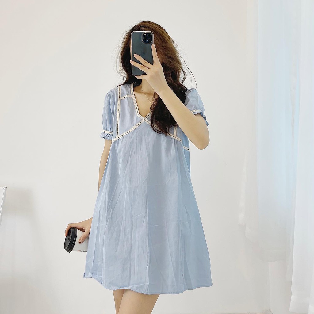 (FREESHIP) Đầm suông ngắn viền cổ chỉ nổi trắng