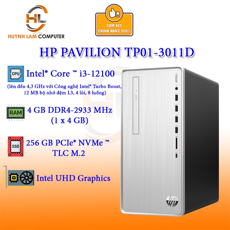 Máy tính để bàn HP Pavilion TP01-3011d, Intel Core i3-12100,4GB RAM,256GB SSD Chính hãng FPT phân phối
