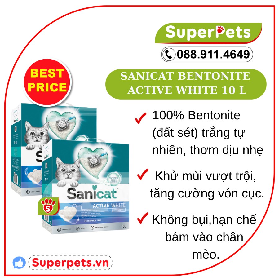 Cát Vệ Sinh SANICAT BENTONITE ACTIVE WHITE 10 L Siêu Vón Cục, Khóa Mùi Vượt Trội  Nhập Tây Ban Nha- SUPERPETS VIỆT NAM