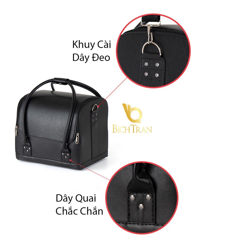 Cốp đựng đồ nail da sang chảnh phun xăm trang điểm quai xách 2 tầng 4 khay có dây đeo cao cấp