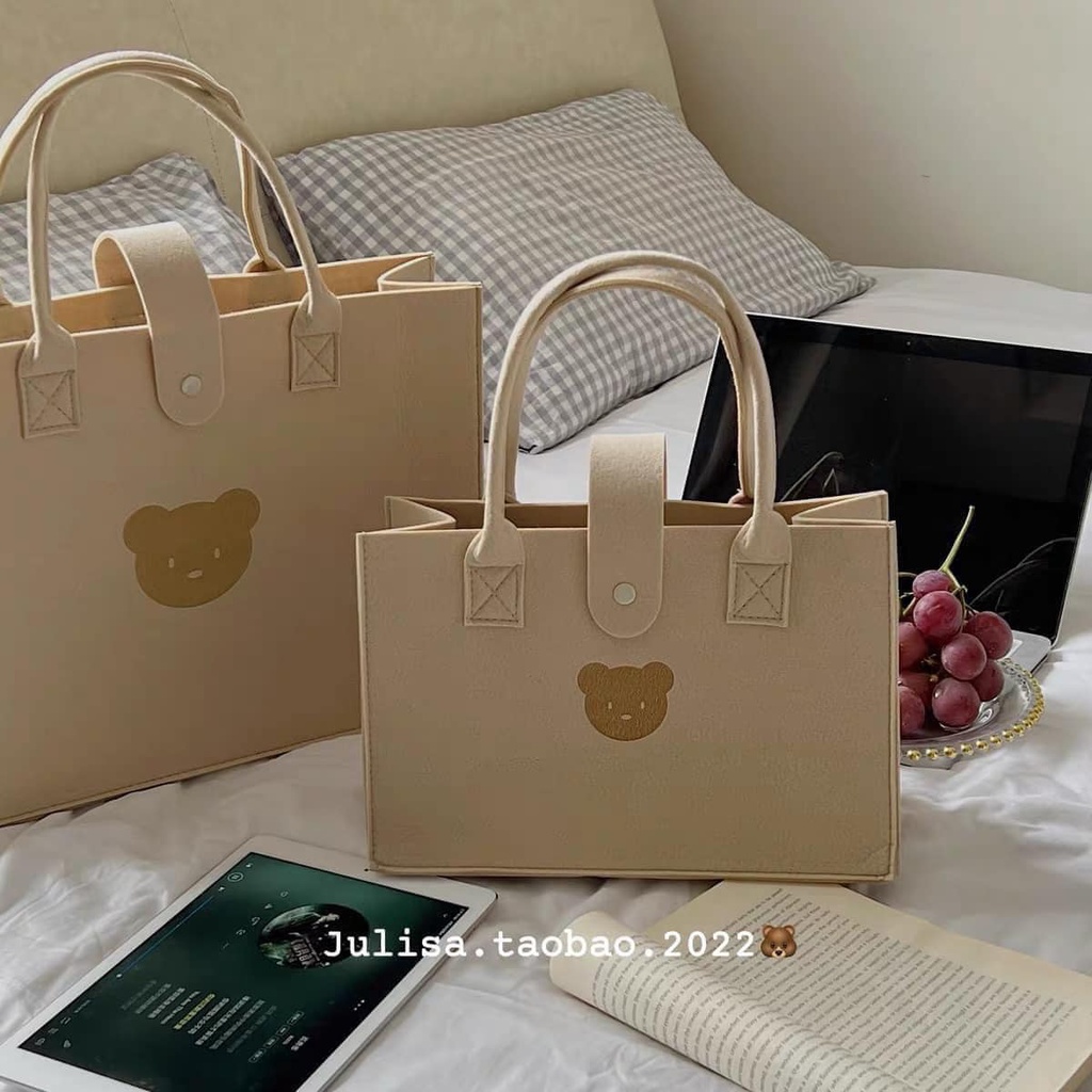 Túi xách tay nữ bản to gấu màu nâu trà sữa chất nỉ dạ hàng hot trend 2022