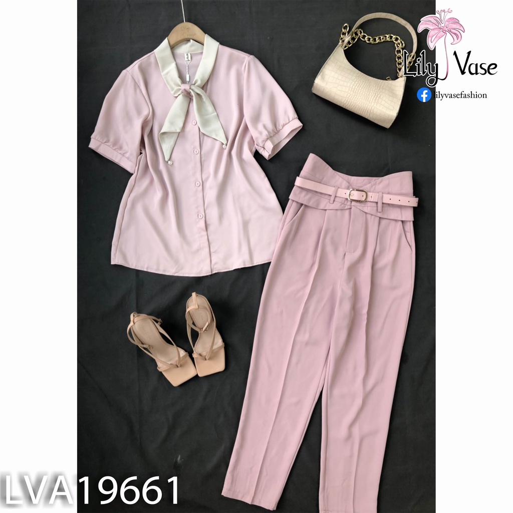 Áo sơ mi nữ chất vải lụa mềm mát ngắn tay, cổ chữ V kèm khăn thắt kiểu nơ tiểu thư nhẹ nhàng trang nhã (LVA19661)