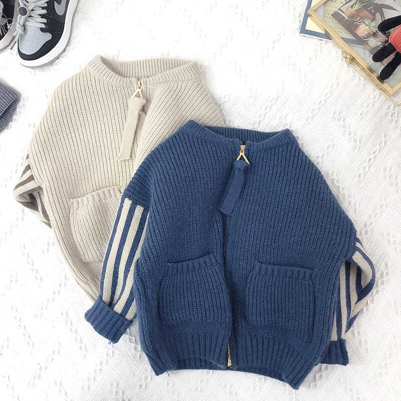 Áo Khoác Cardigan Len Jacquard Dày Dặn Phối Khóa Kéo Phong Cách Hàn Quốc Thời Trang Mùa Đông Cho Bé Trai 80-150