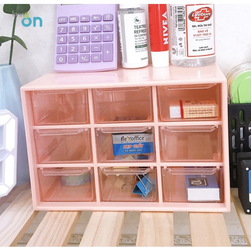 Hộp 9 ngăn kéo,kệ 9 ô mini chống bụi lưu trữ để bàn văn phòng phẩm trang sức/vòng tay/mỹ phẩm dễ thương Hàn Quốc