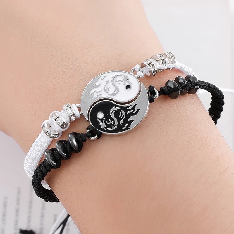 Vòng cổ/ Vòng tay dệt hình rồng màu đen và trắng âm dương thái cực cho cặp đôi