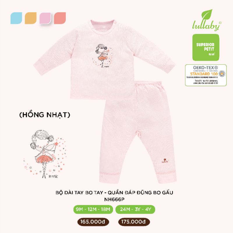 (9-&gt;24 tháng) Bộ dài tay cài vai đáp đũng Lullaby - chất Petit co giãn, siêu mềm mịn (NH666P)