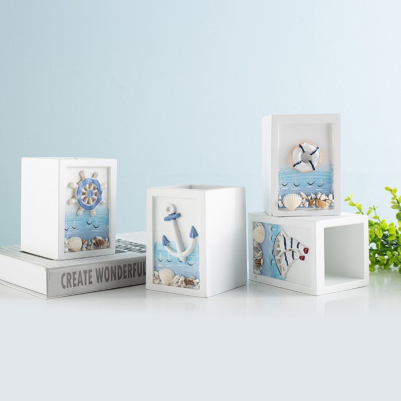 Hộp bút giỏ để bút trang trí hình vuông không quấn dây 9cm - Decor đồ trang trí theo phong cách biển Địa Trung Hải