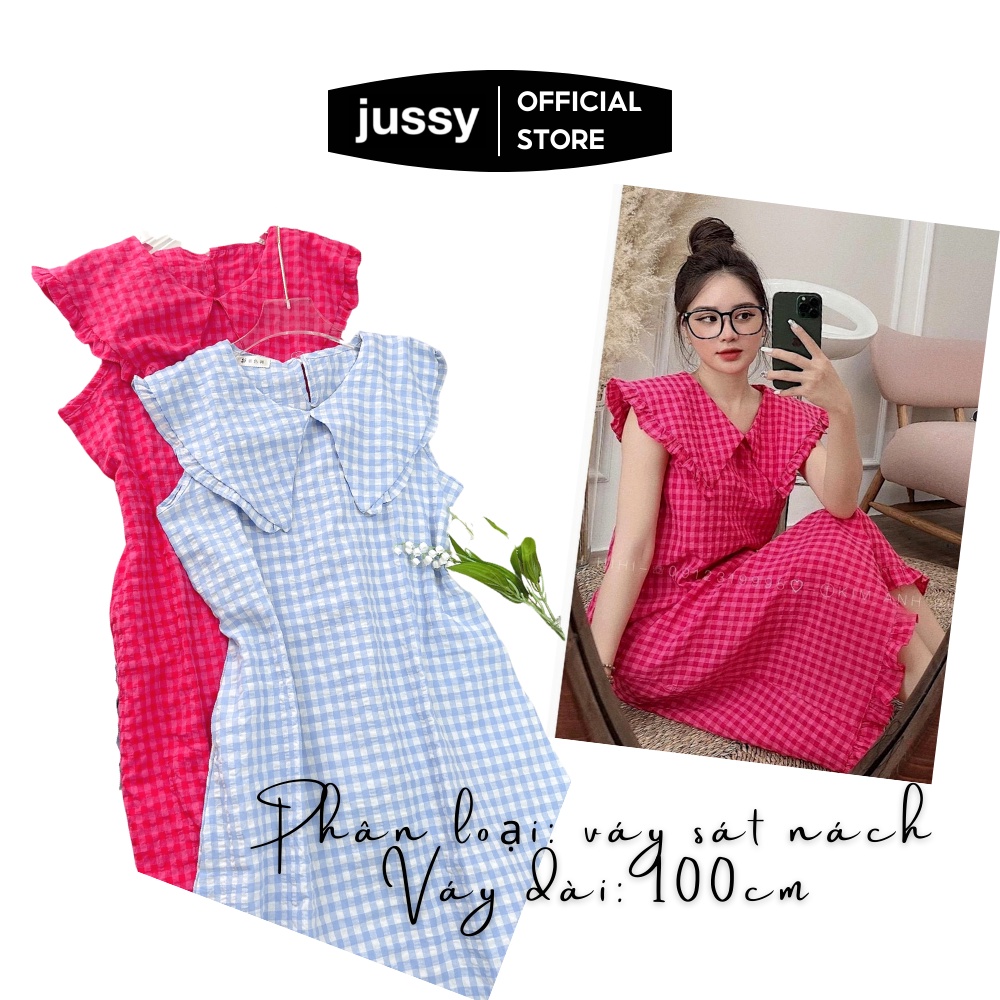 Váy nữ họa tiết kẻ caro tay cánh tiên thanh lịch Jussy Fashion